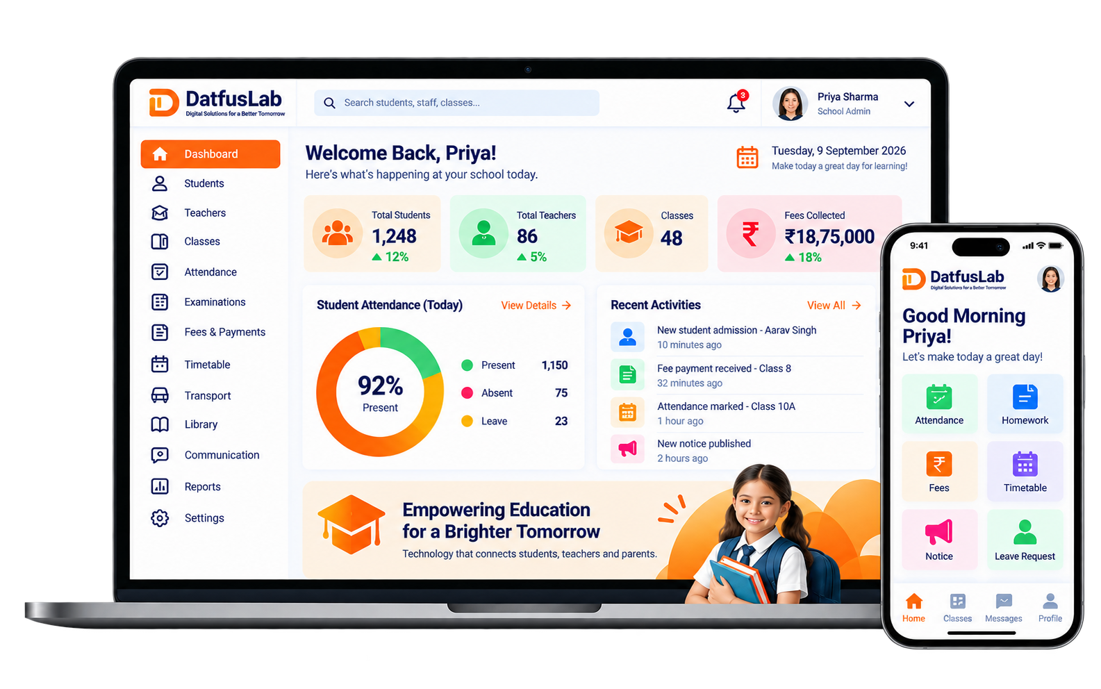 School management dashboard shown on a laptop and phone, with student records, attendance and fee information
